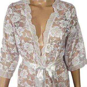 White Sheer Lace Robe - Sexy Lingerie Dressing Gown, Size M